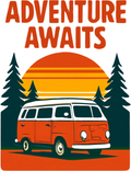 Adventure Awaits Vintage Camper Van T-Shirt Design | Retro Camping Outdoor Graphic | POD Ready PNG